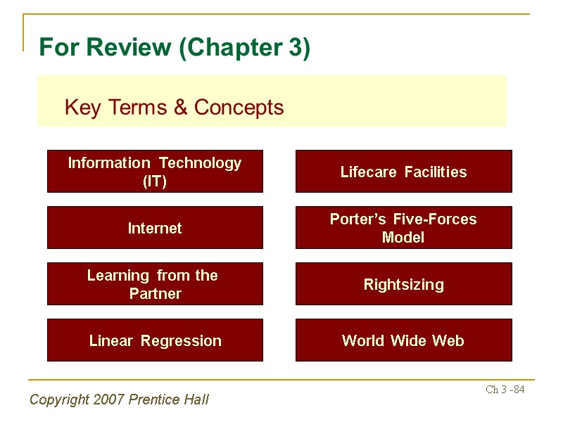 Copyright 2007 Prentice Hall Ch 3 -84  Key Terms & Concepts For Review